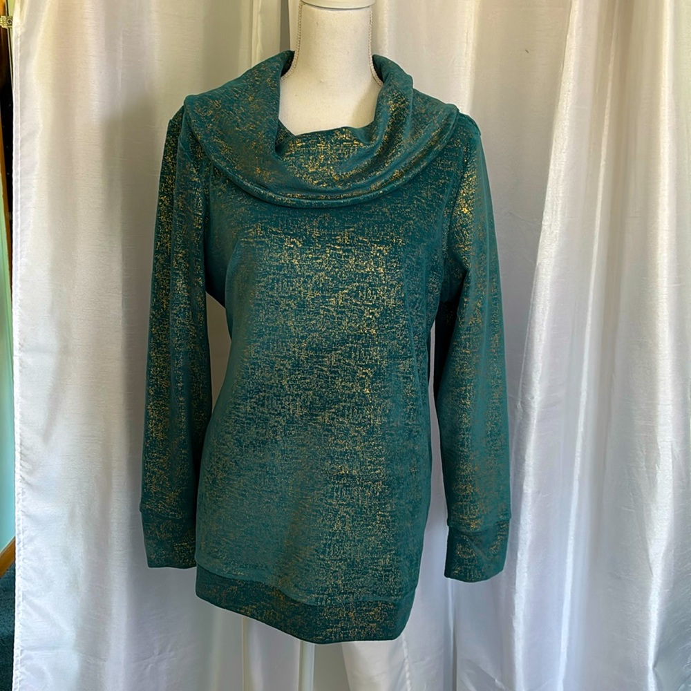 Denim & Co cowl neck Teal & Gold Large
